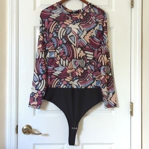 Nina Parker Abstract Printed Sheer Mesh Long Sleeve Thong Bodysuit Purple 3X